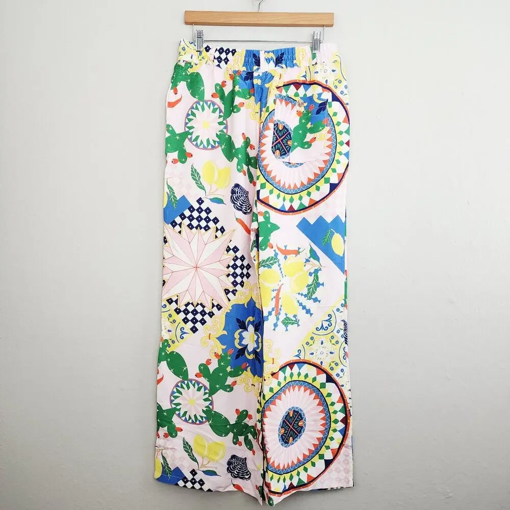 Maeve Anthropologie Pink Multicolor Print Straight Leg Silky Pull On Pants S NWT - Picture 9 of 13